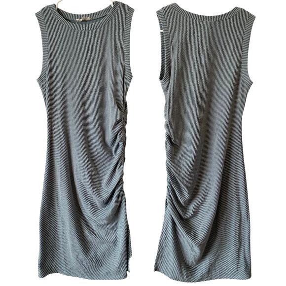 MOA MOA Adjustable Scrunched Side Midi Dress Size Medium Textured Dusty Blue - Picture 1 of 4